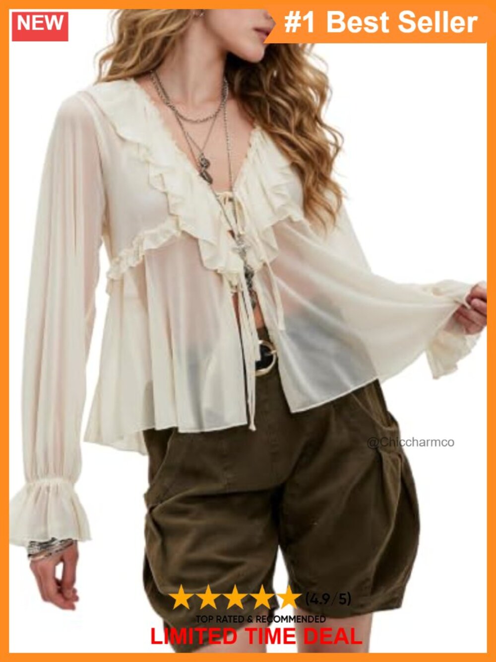 Chiffon Blouse Boho Tie Front Bell Sleeve Peplum V Neck Top